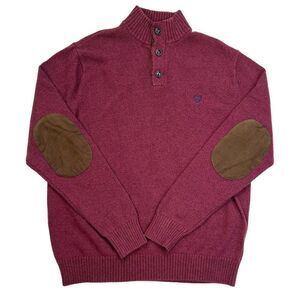 Chaps Men's Pullover Knit Sweater 3 Buttons Elbow Patches Burgundy Size L